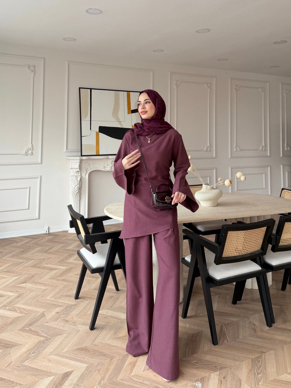 Esil Asimetrik Kesim Pantolonlu Takım Bordo (2365)