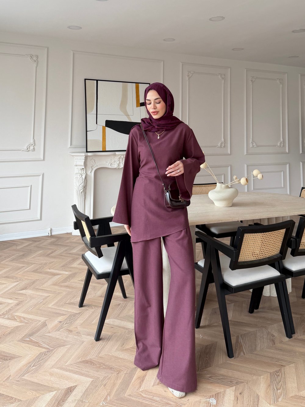Esil Asimetrik Kesim Pantolonlu Takım Bordo (2365)