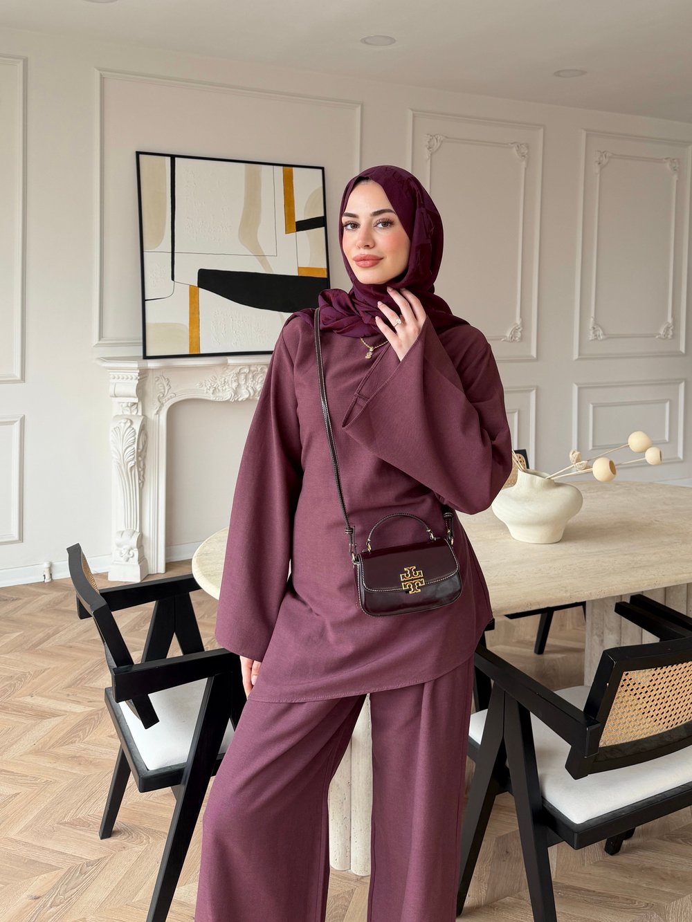 Esil Asimetrik Kesim Pantolonlu Takım Bordo (2365)