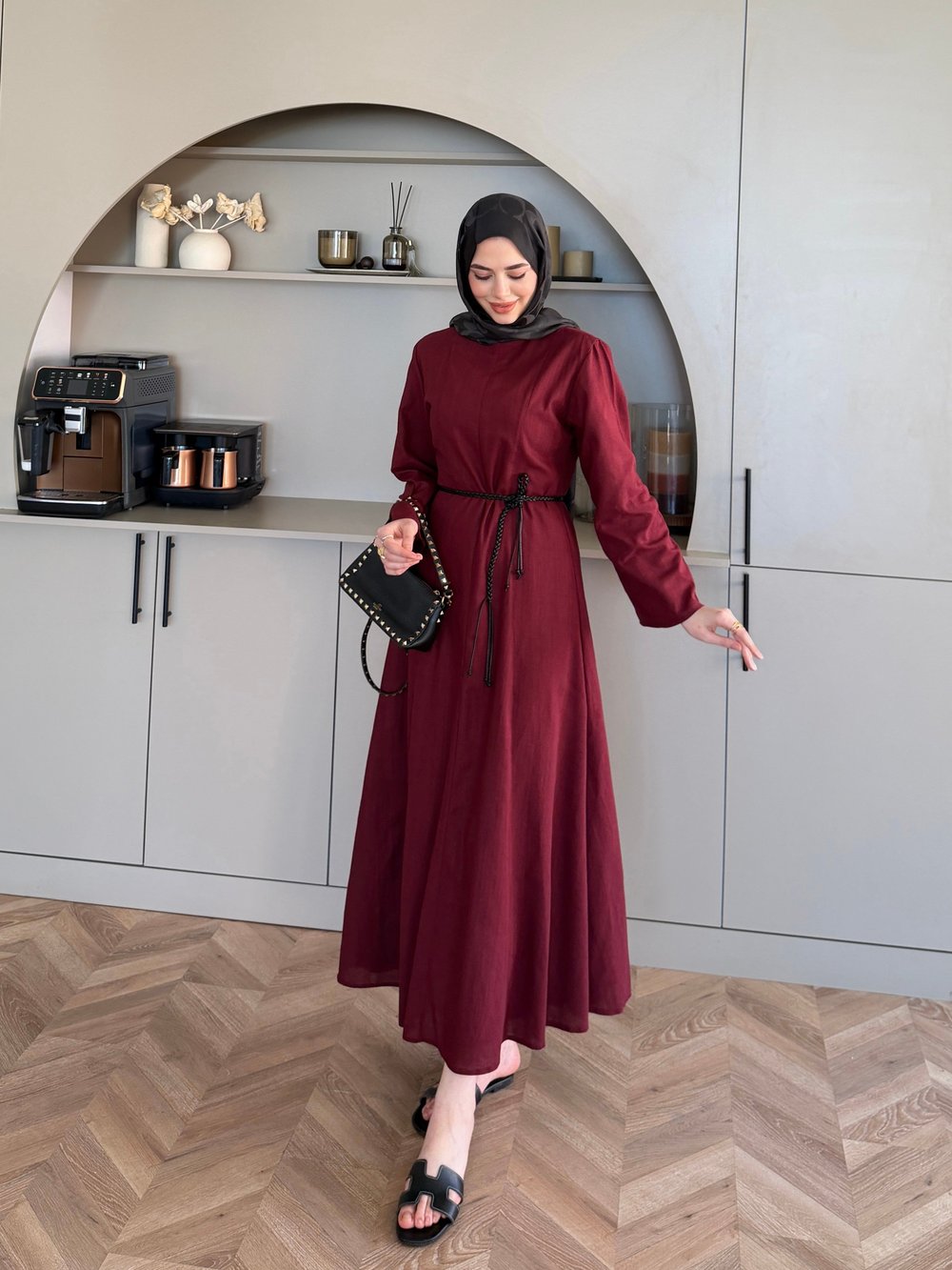 Eyyo Keten Elbise Bordo (3335)