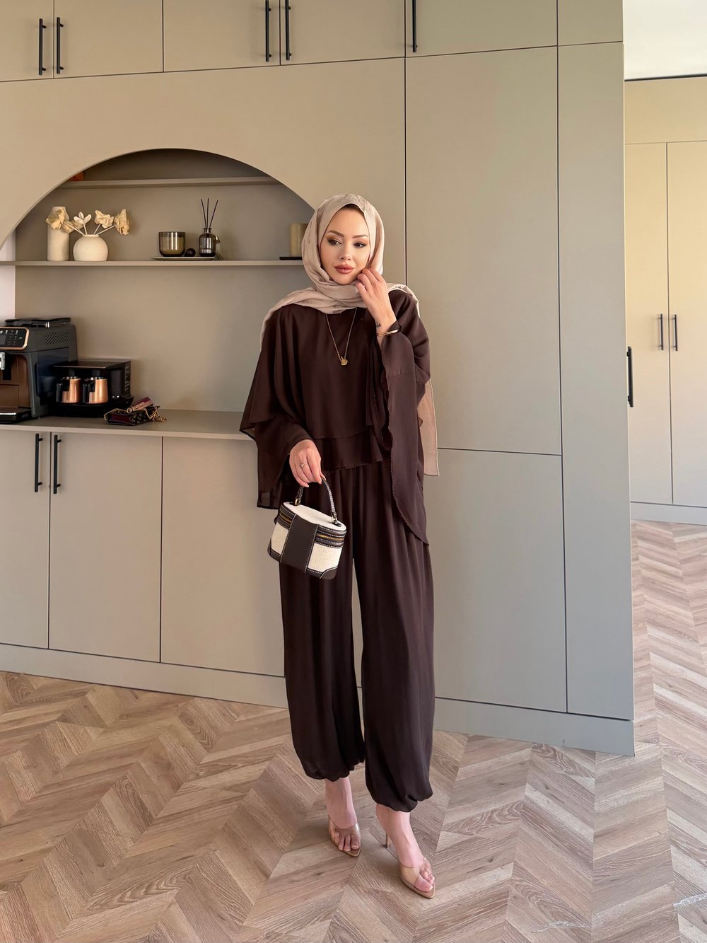 Feely Yarasa Kol Pantolonlu Takım Kahve (5799)