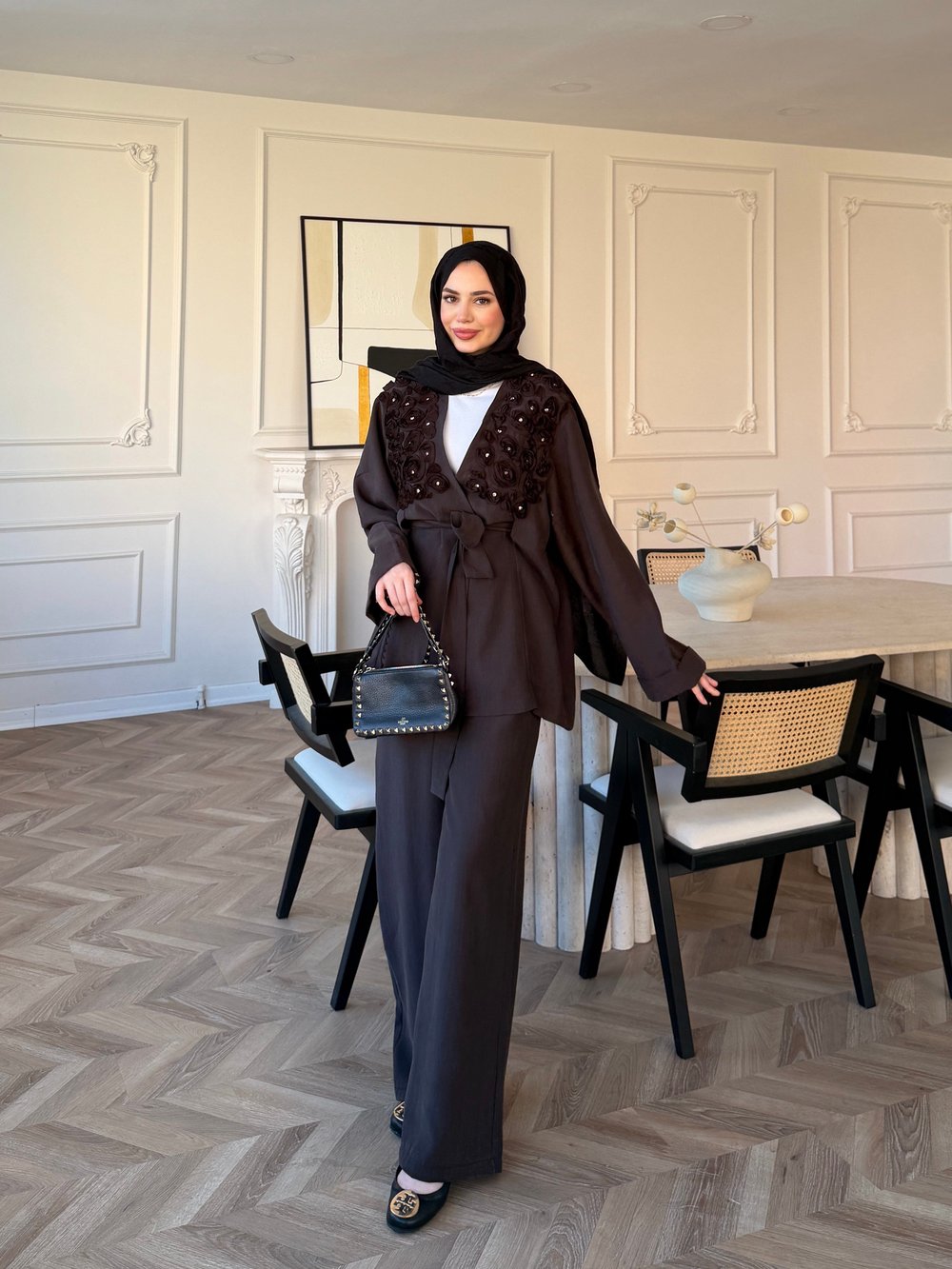 Fleur Aplika Detaylı Pantolonlu Takım Kahverengi (5788)