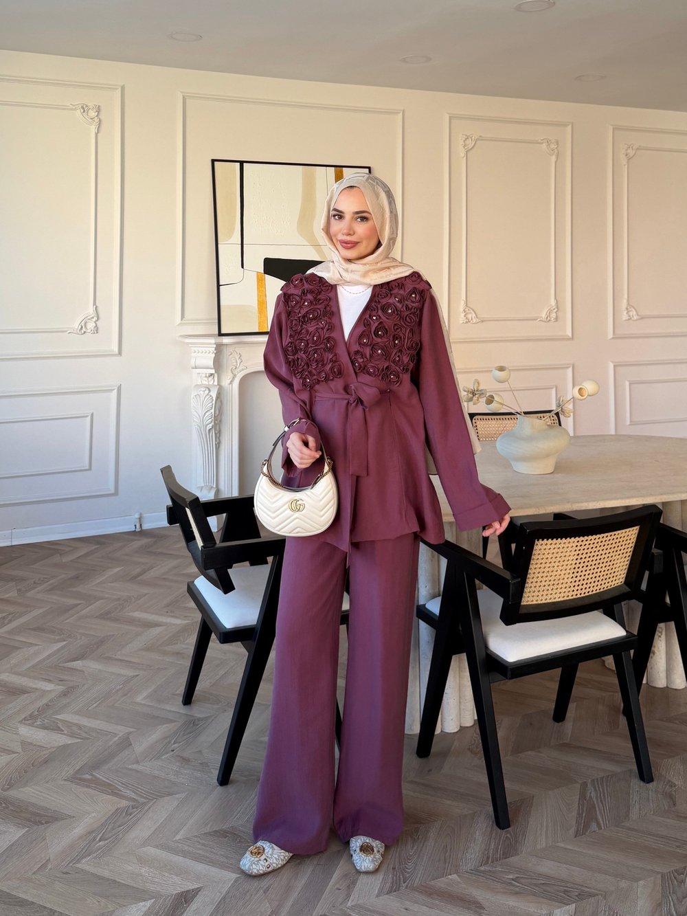 Fleur Aplika Detaylı Pantolonlu Takım Gül Kurusu (5788)