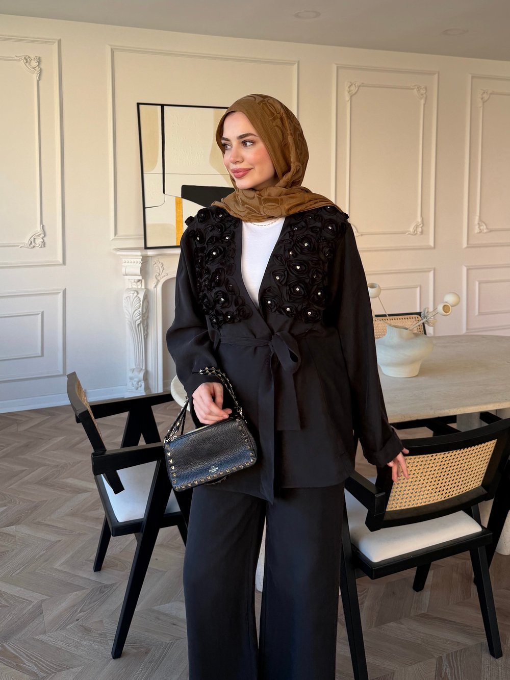 Fleur Aplika Detaylı Pantolonlu Takım Siyah (5788)
