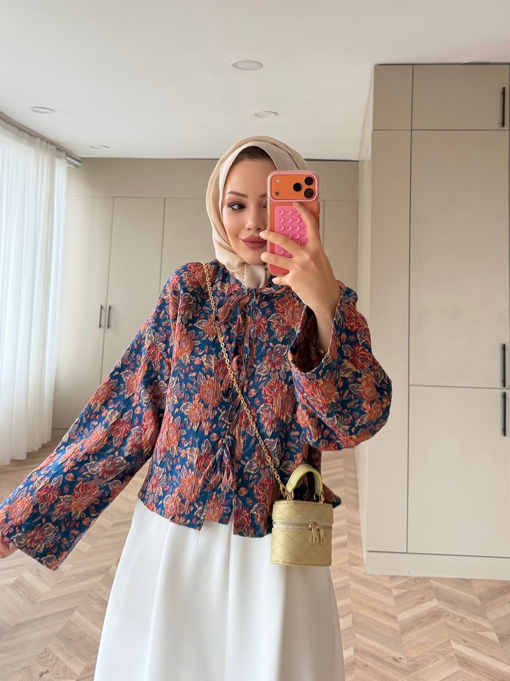 Floral Önü Bağlamalı Jakar Ceket Mavi-Turuncu (4587)