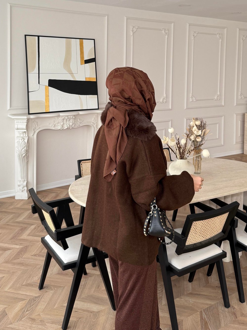 Garni Kürk Yakalı Triko Ceket Acı Kahve