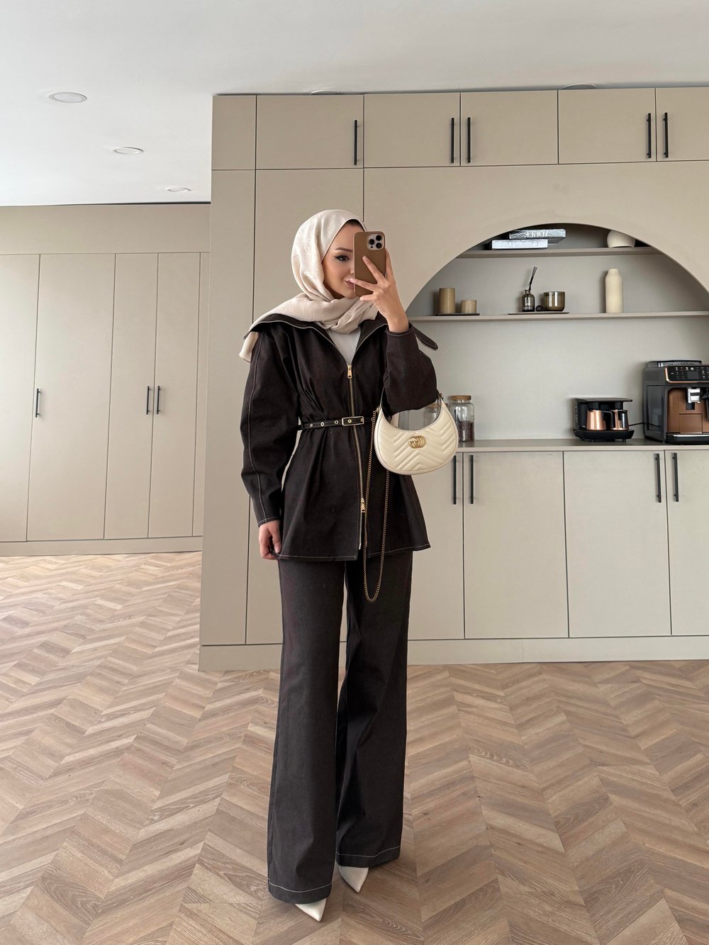 Geniş Yaka Çift Fermuarlı Kot Takım Acı Kahve (4066)