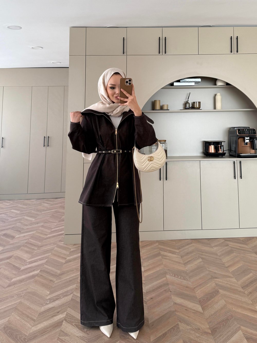 Geniş Yaka Çift Fermuarlı Kot Takım Acı Kahve (4066)