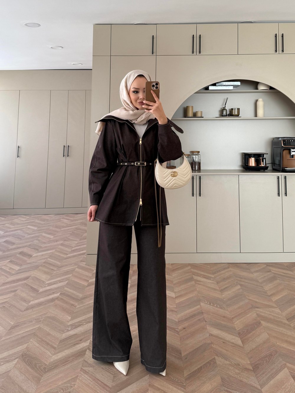 Geniş Yaka Çift Fermuarlı Kot Takım Acı Kahve (4066)