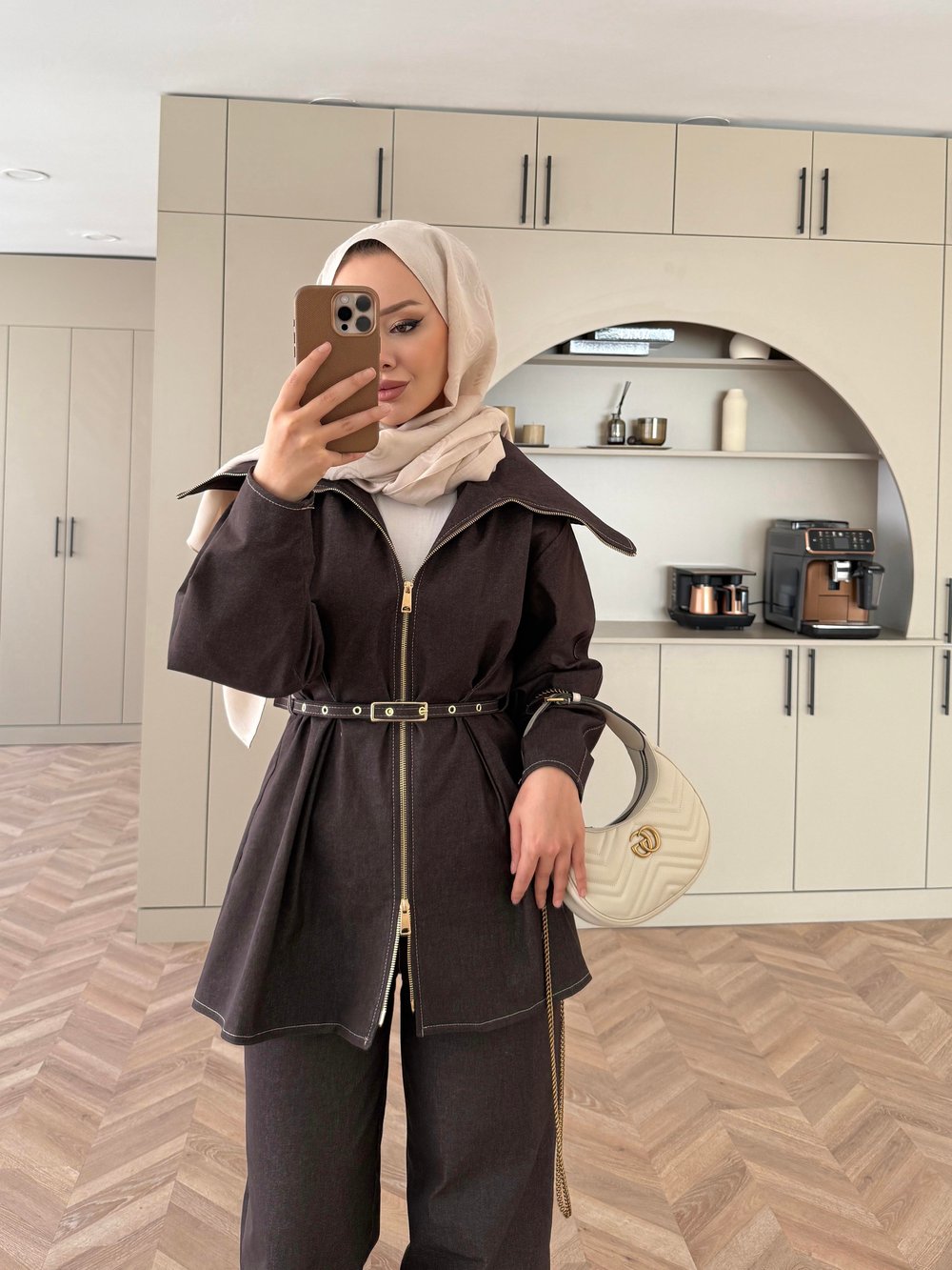 Geniş Yaka Çift Fermuarlı Kot Takım Acı Kahve (4066)