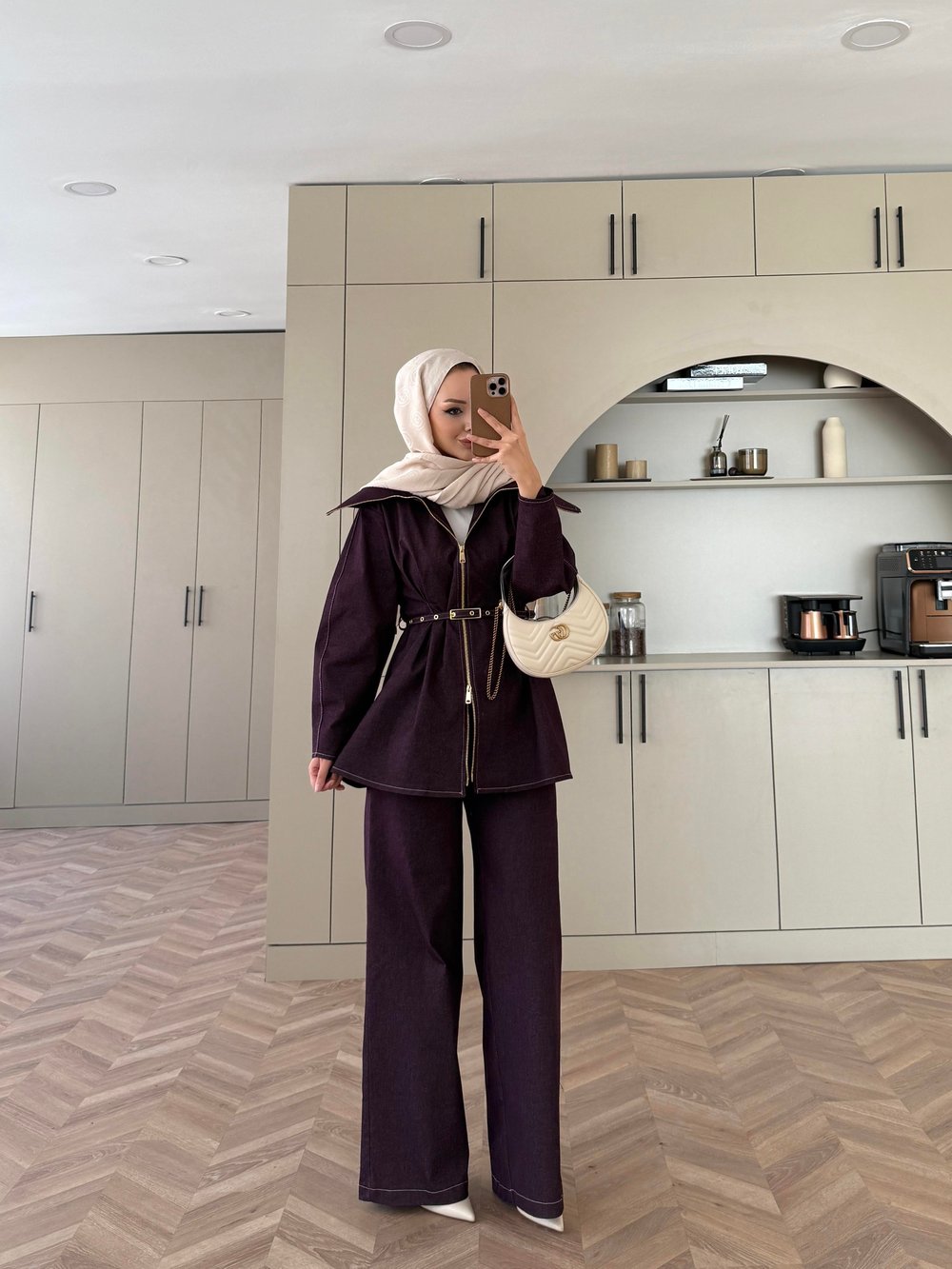 Miray Geniş Yaka Çift Fermuarlı Kot Takım Mürdüm (4066)