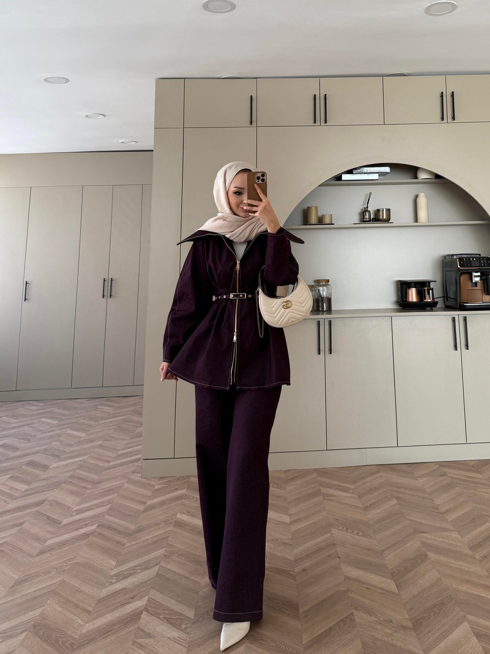 Miray Geniş Yaka Çift Fermuarlı Kot Takım Mürdüm (4066)