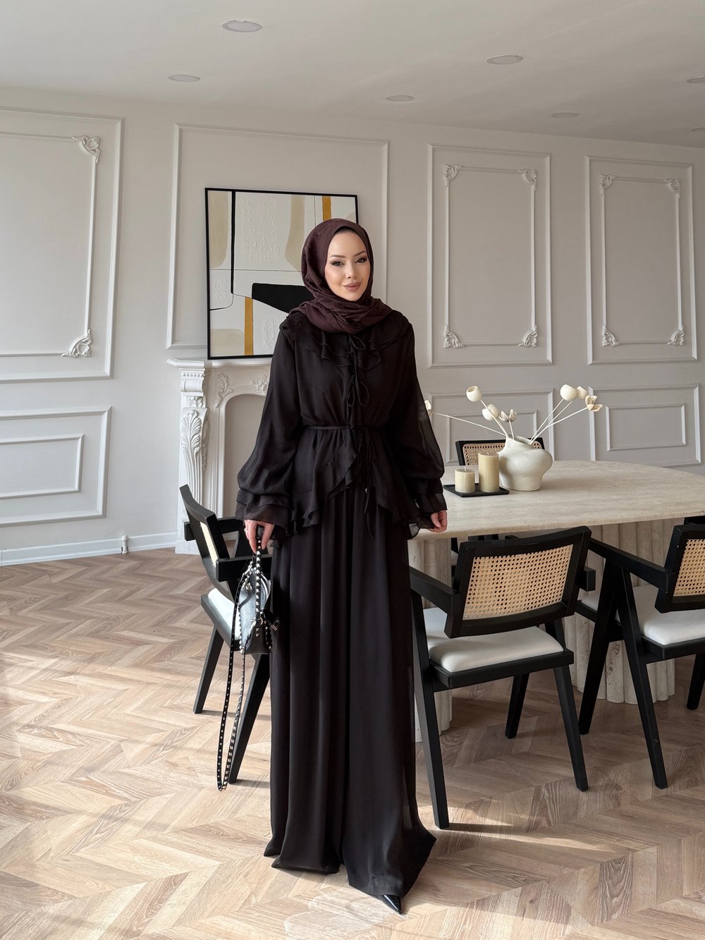 Ghalia Şifon Pantolonlu Takım Acı Kahve 