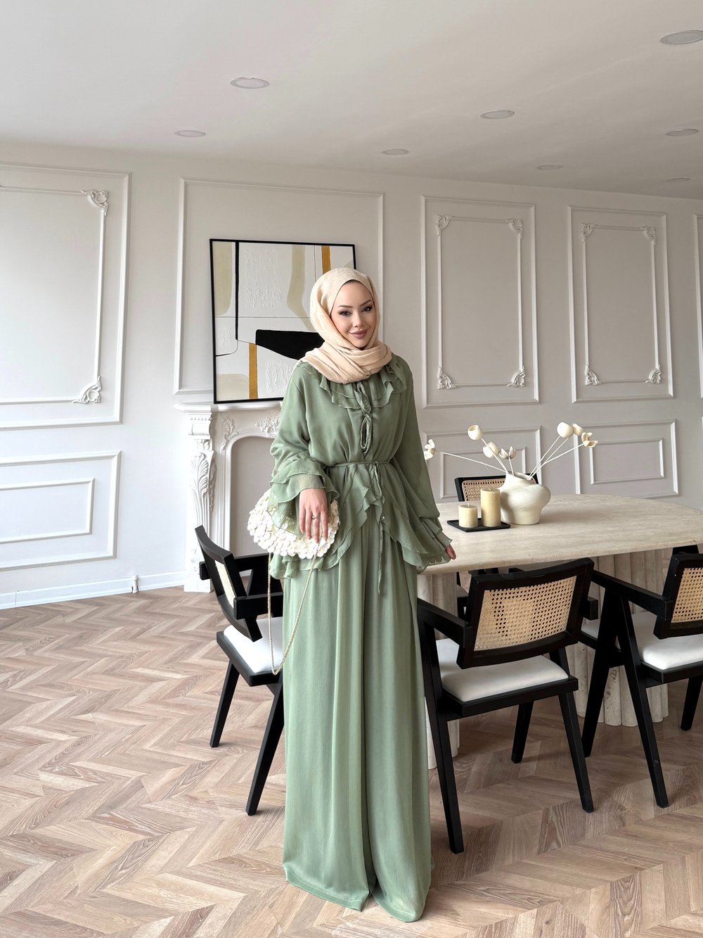 Ghalia Şifon Pantolonlu Takım Haki