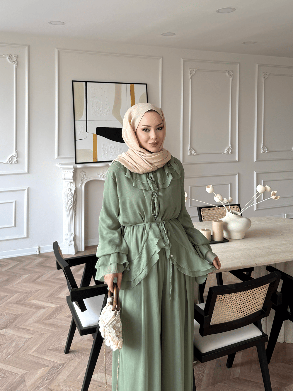 Ghalia Şifon Pantolonlu Takım Haki