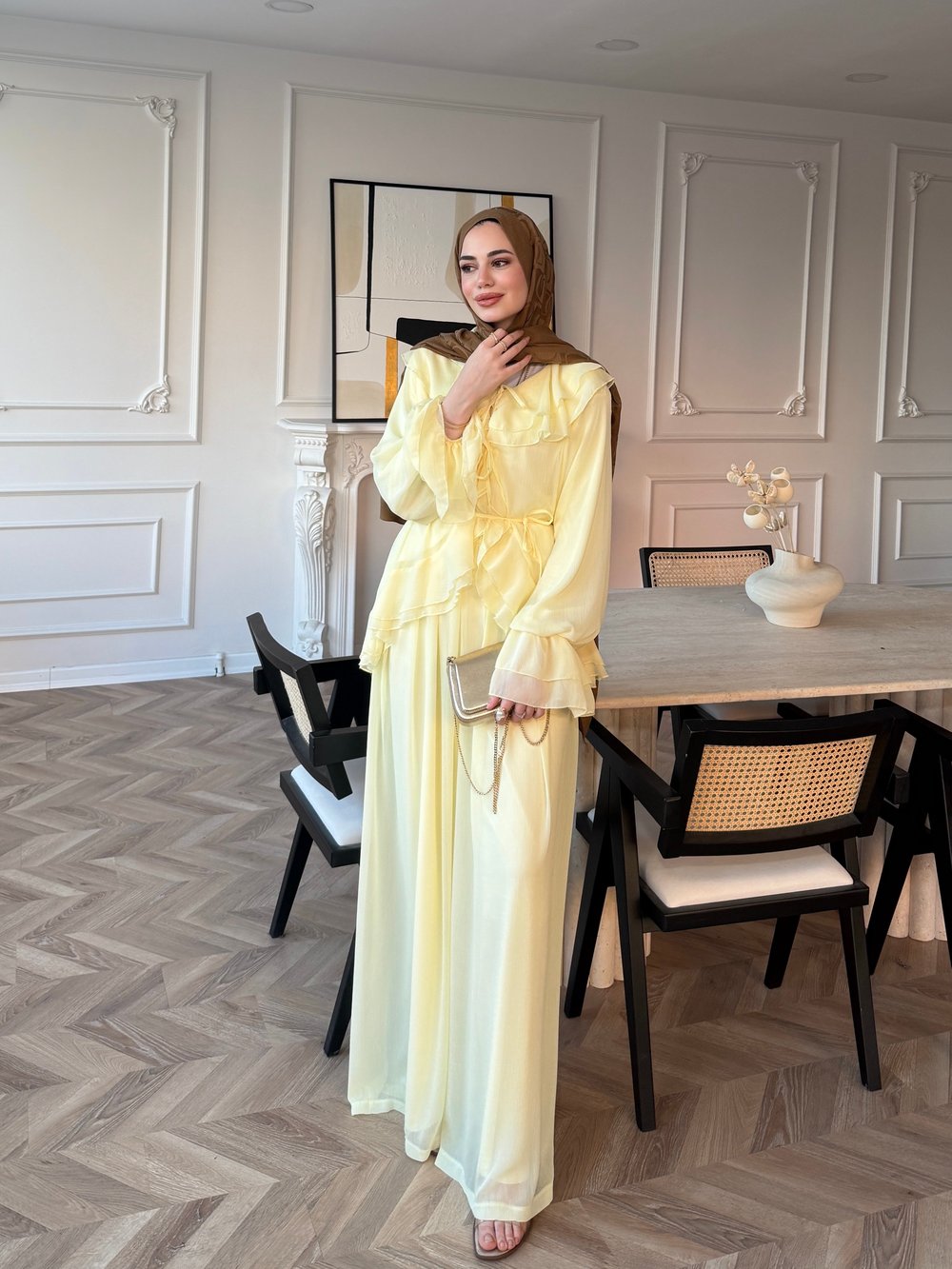 Ghalia Şifon Pantolonlu Takım Sarı (8218)