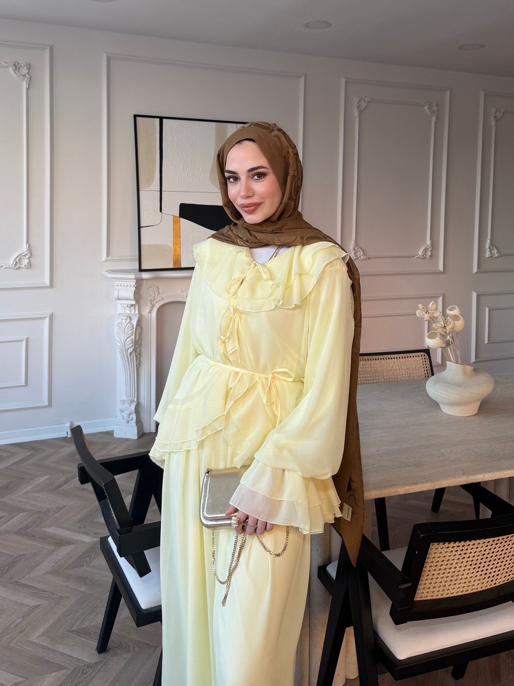 Ghalia Şifon Pantolonlu Takım Sarı (8218)