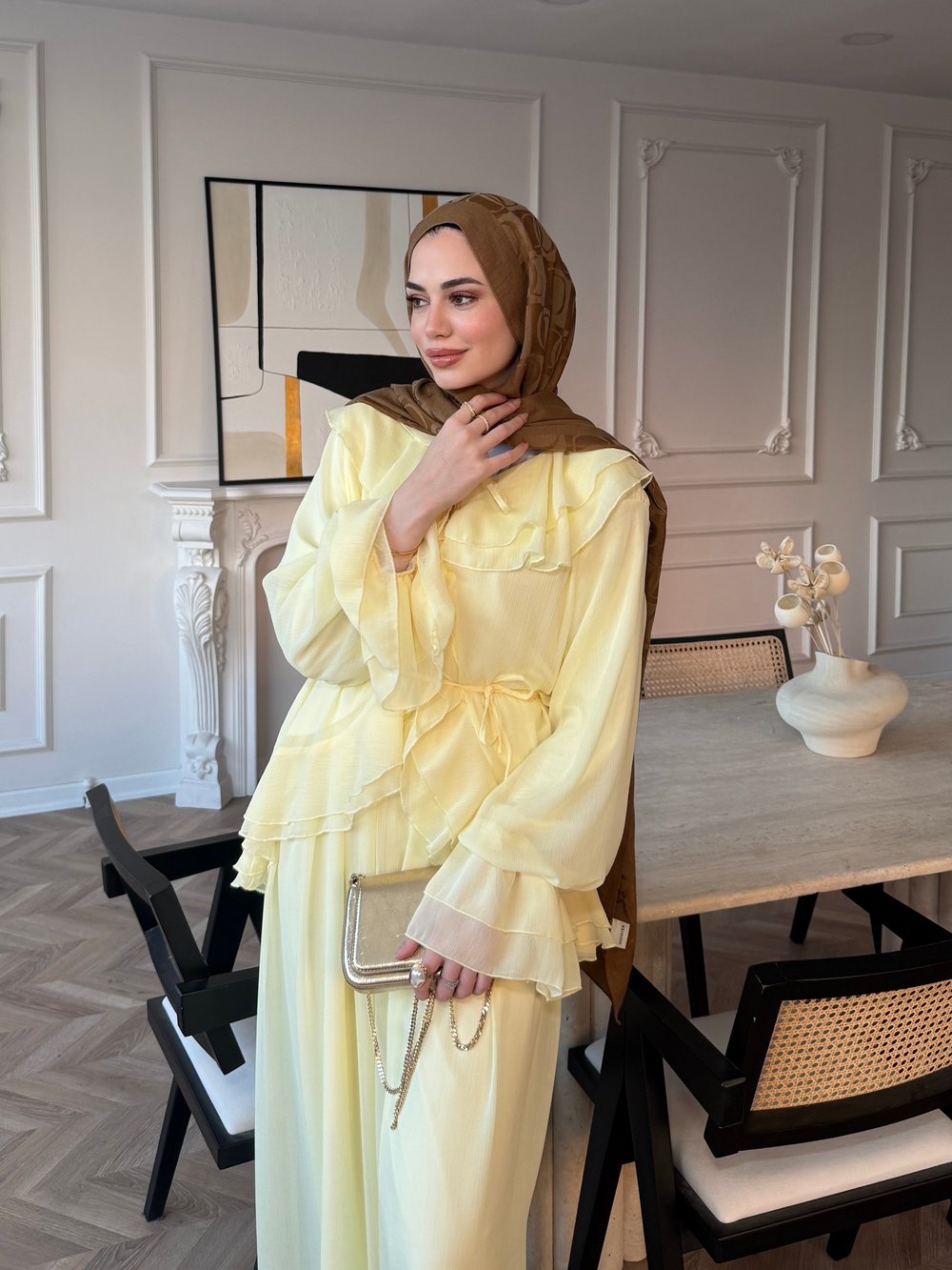Ghalia Şifon Pantolonlu Takım Sarı (8218)