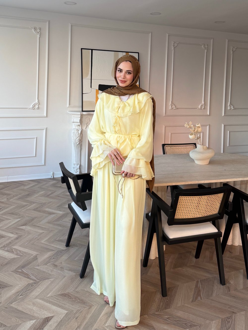 Ghalia Şifon Pantolonlu Takım Sarı (8218)