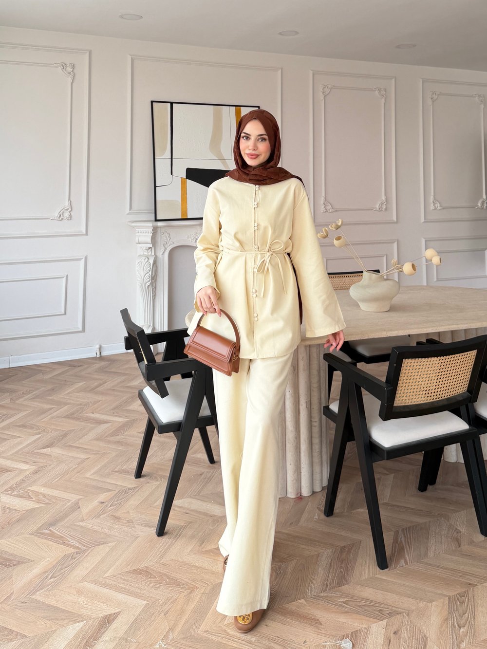 Helin Düğme Detaylı Pantolonlu Takım Bej (4512)