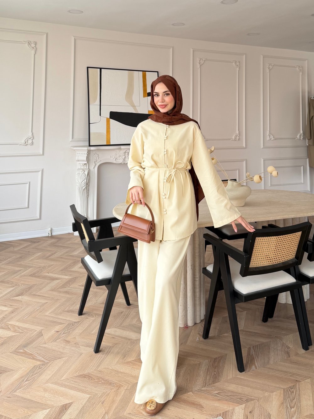 Helin Düğme Detaylı Pantolonlu Takım Bej (4512)