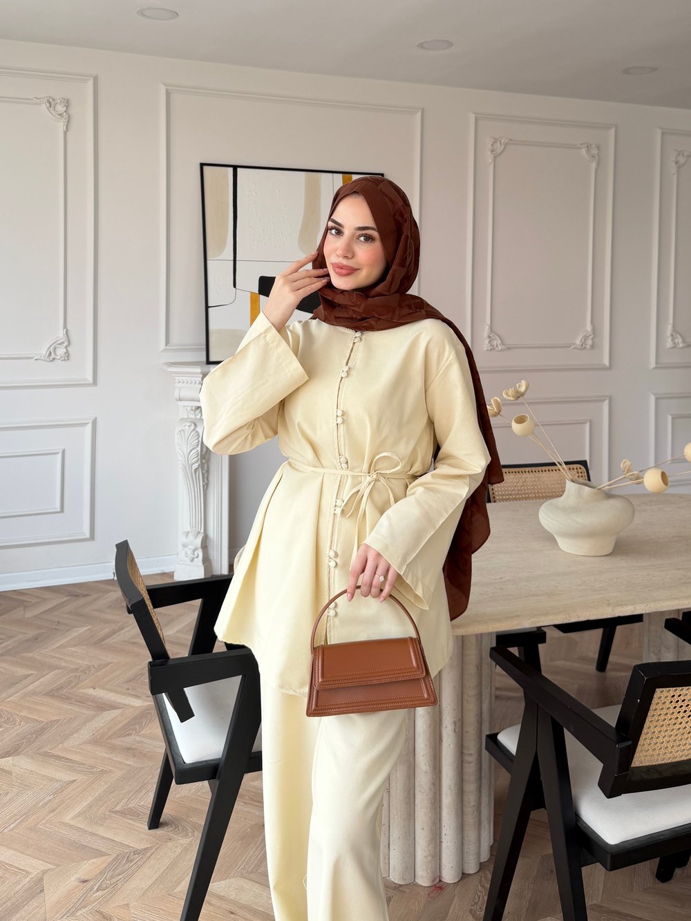 Helin Düğme Detaylı Pantolonlu Takım Bej (4512)