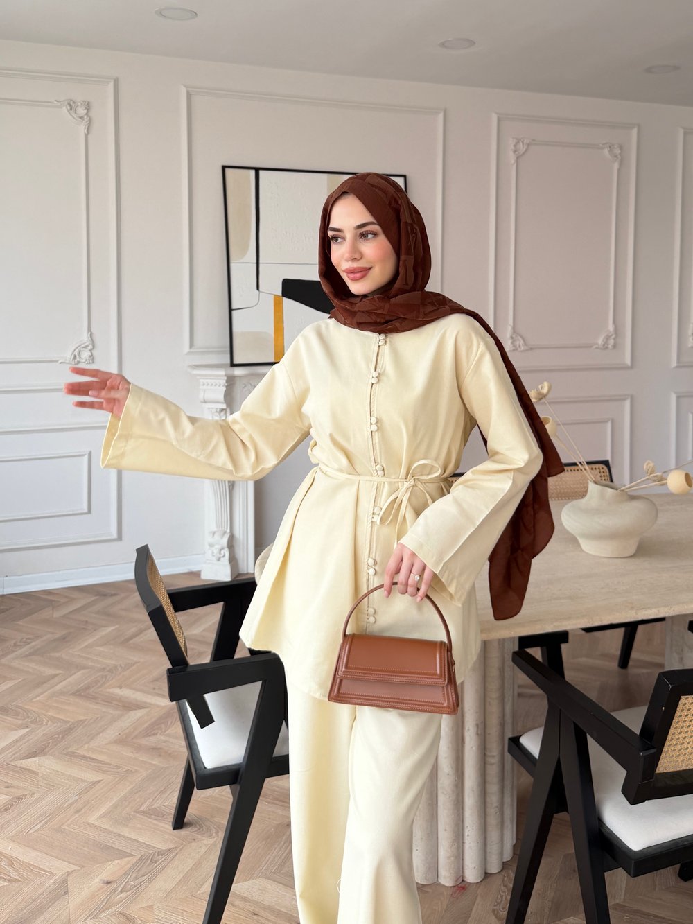 Helin Düğme Detaylı Pantolonlu Takım Bej (4512)