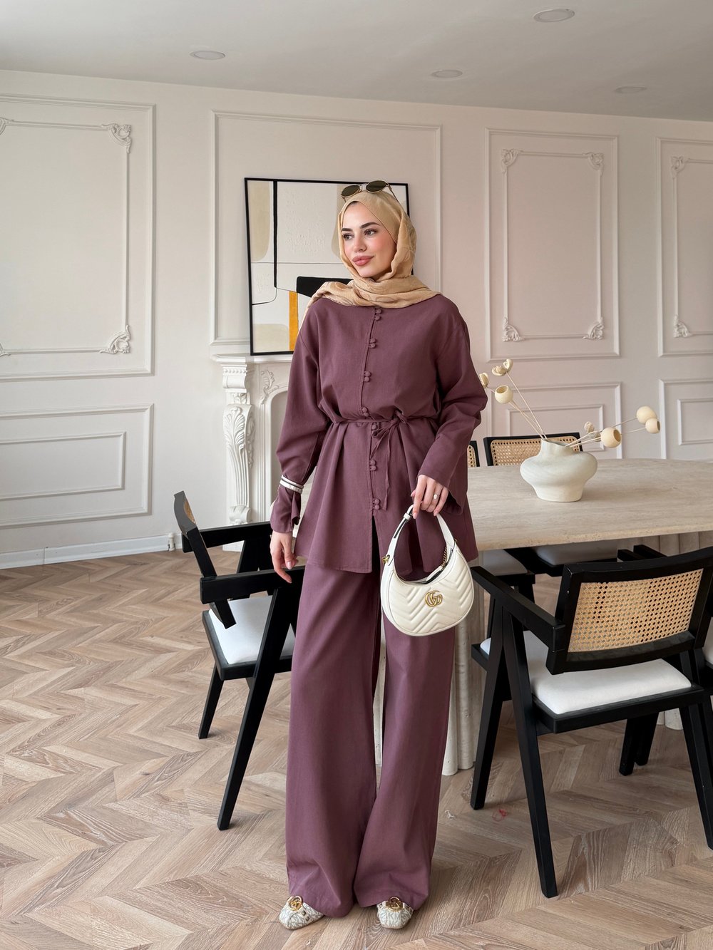 Helin Düğme Detaylı Pantolonlu Takım Mürdüm (4512)