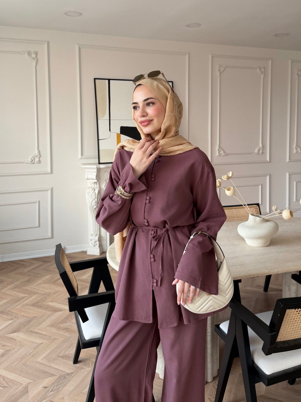 Helin Düğme Detaylı Pantolonlu Takım Mürdüm (4512)
