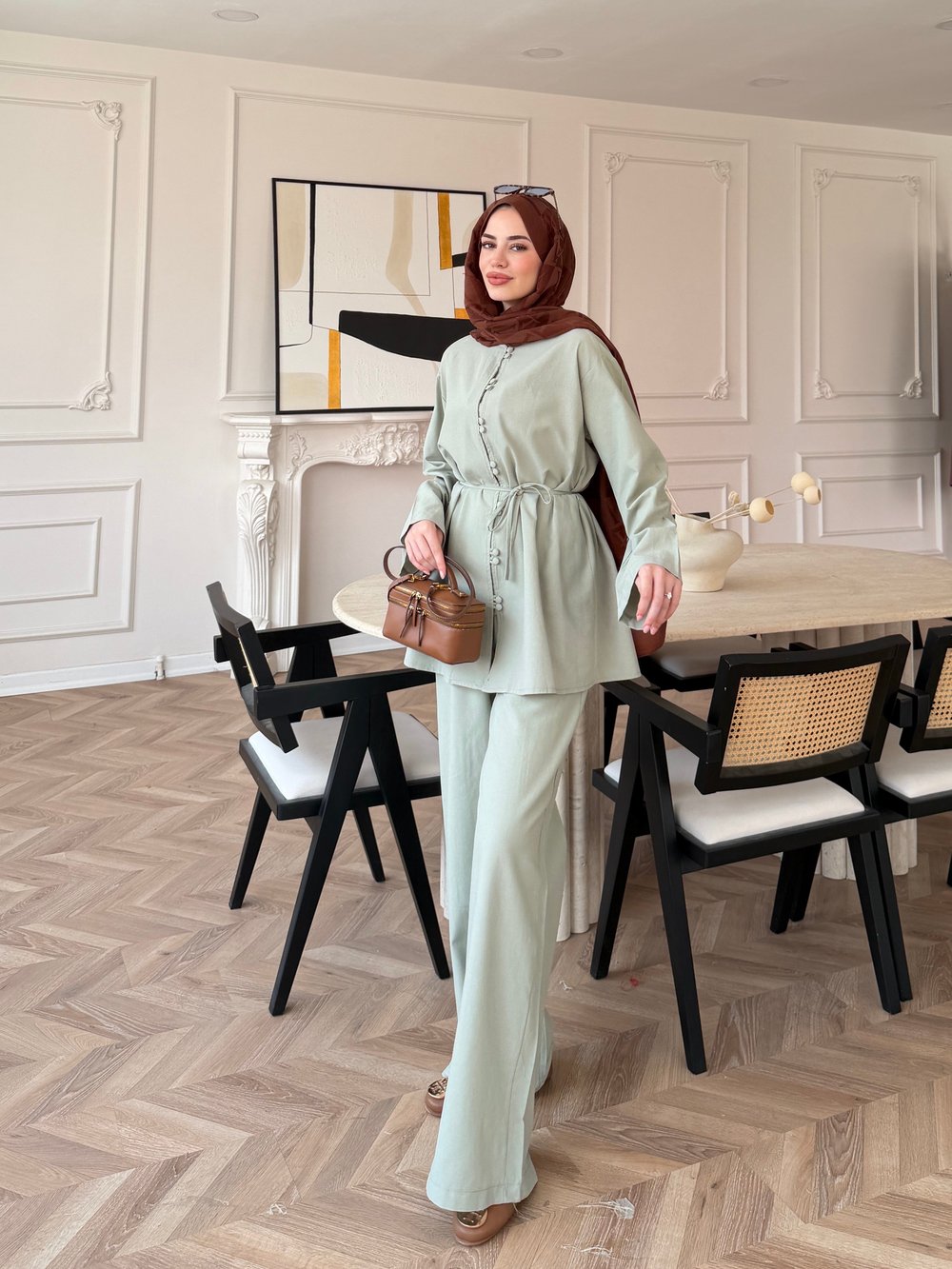 Helin Düğme Detaylı Pantolonlu Takım Su Yeşili (4512)
