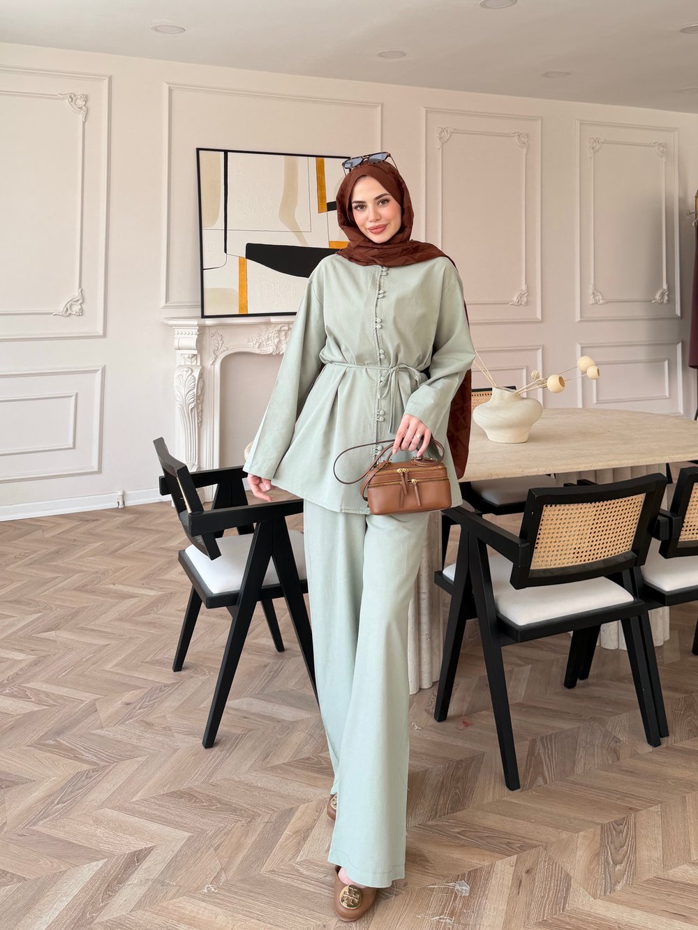 Helin Düğme Detaylı Pantolonlu Takım Su Yeşili (4512)