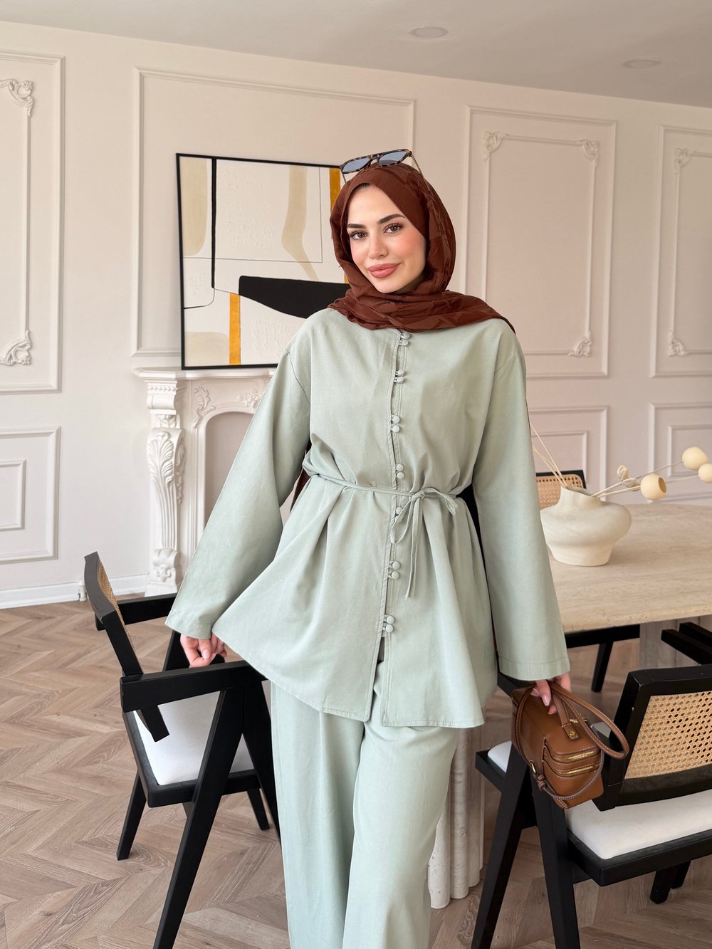Helin Düğme Detaylı Pantolonlu Takım Su Yeşili (4512)