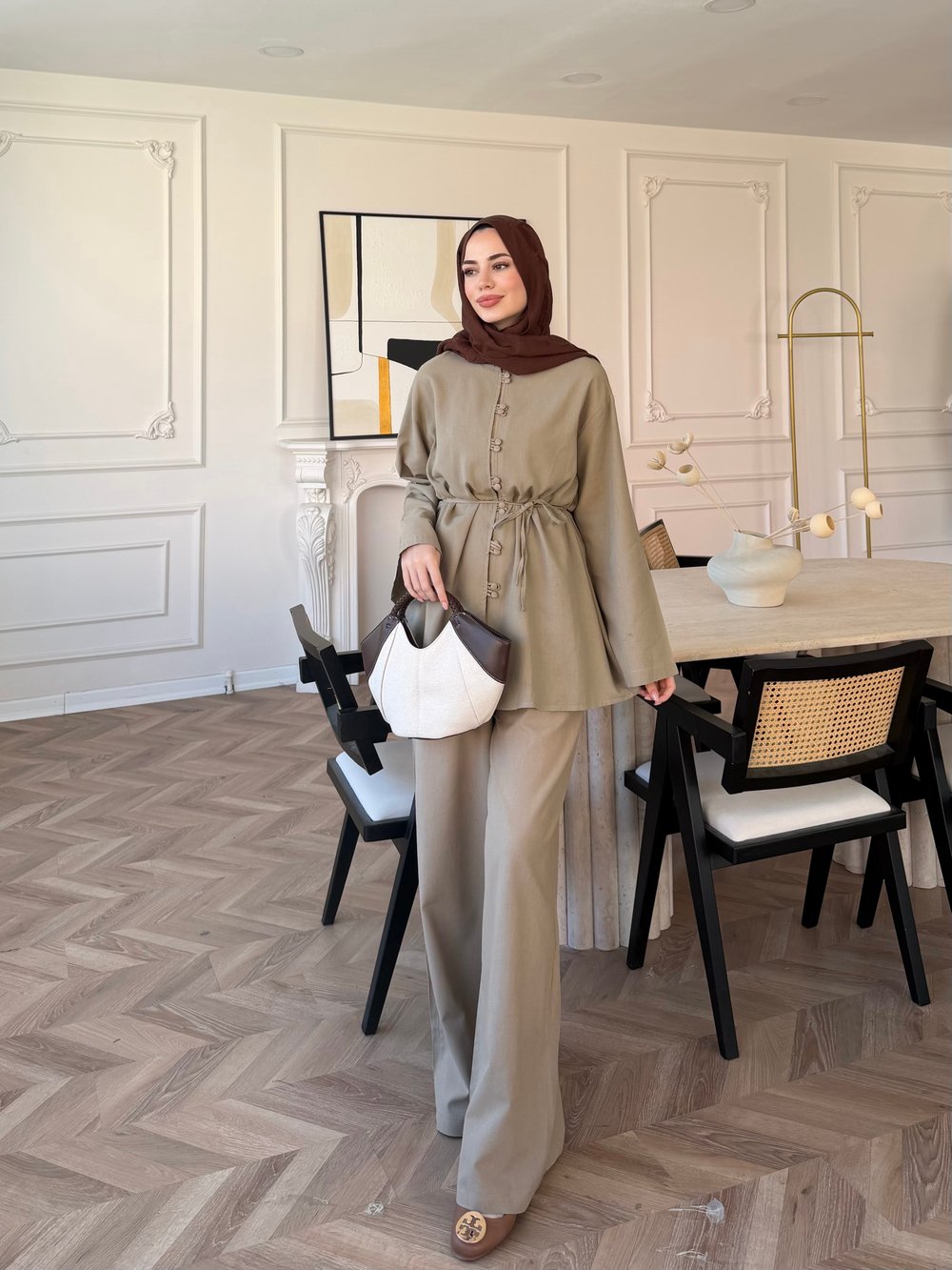 Helin Düğme Detaylı Pantolonlu Takım Vizon (4512)