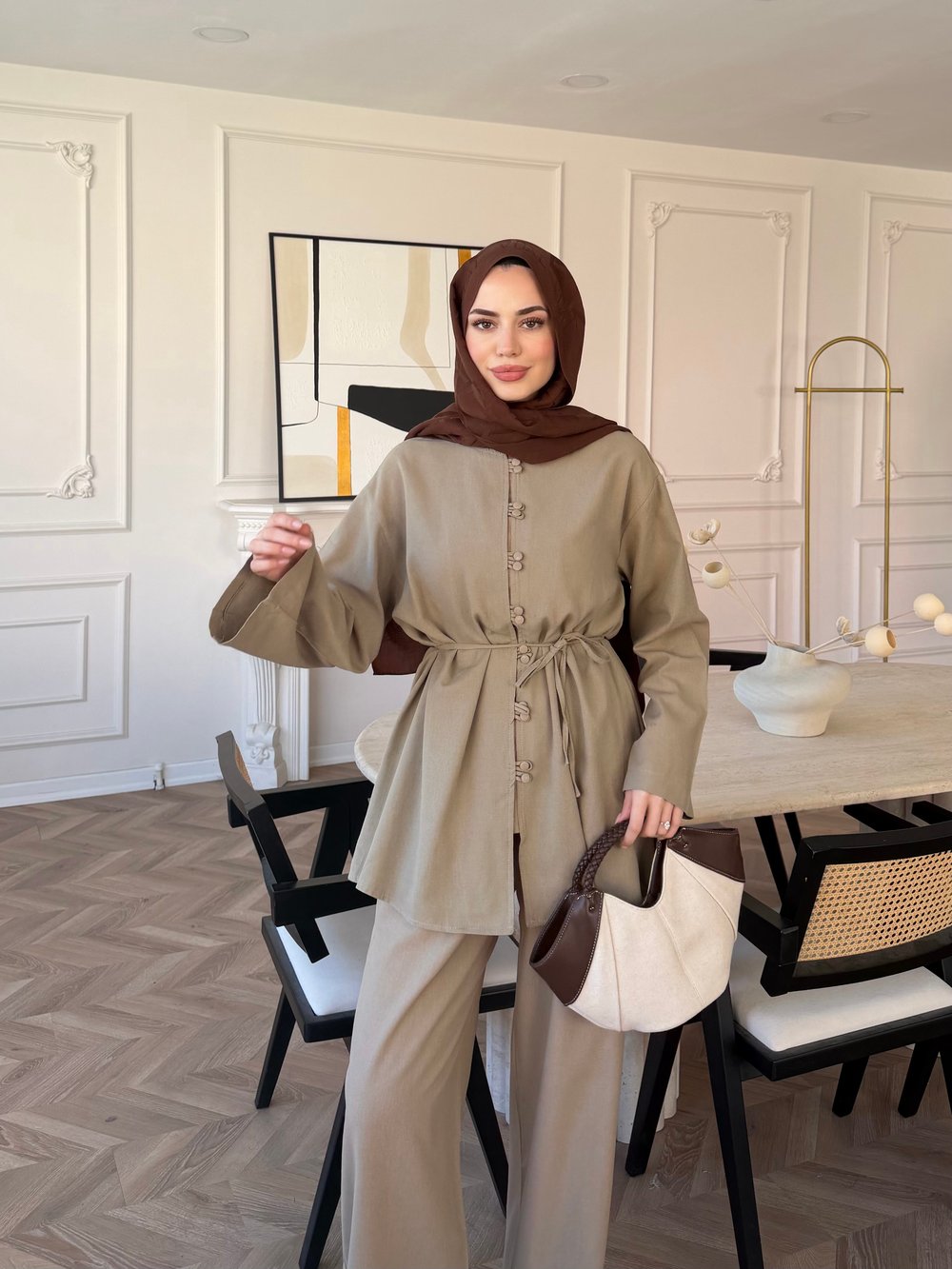 Helin Düğme Detaylı Pantolonlu Takım Vizon (4512)