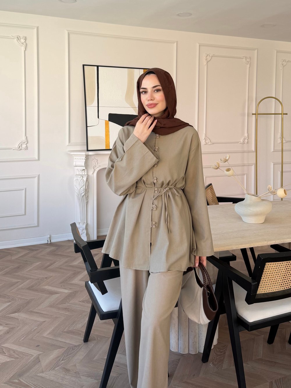 Helin Düğme Detaylı Pantolonlu Takım Vizon (4512)