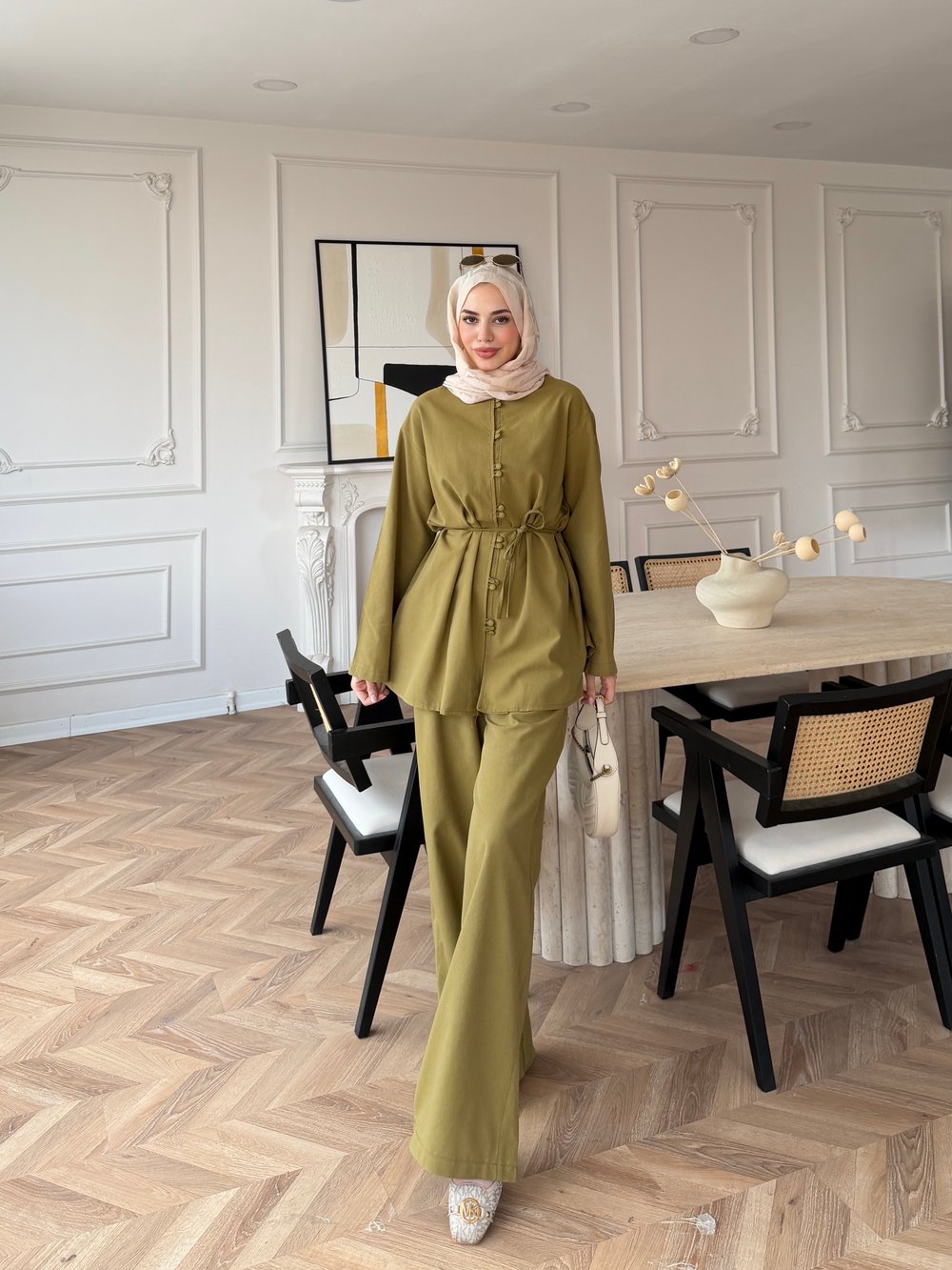 Helin Düğme Detaylı Pantolonlu Takım Yağ Yeşili (4512)