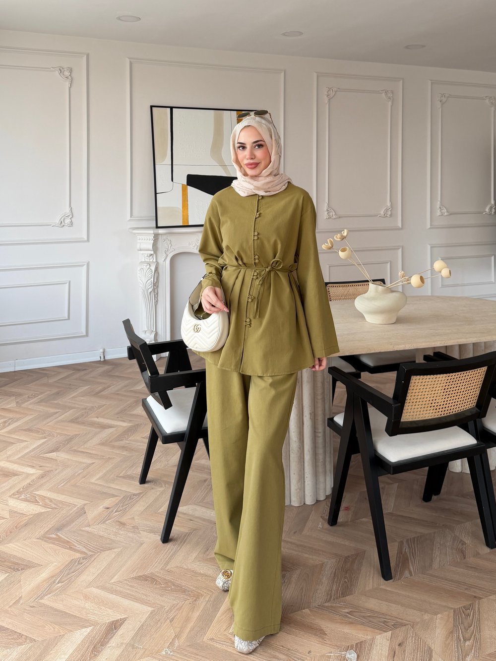 Helin Düğme Detaylı Pantolonlu Takım Yağ Yeşili (4512)