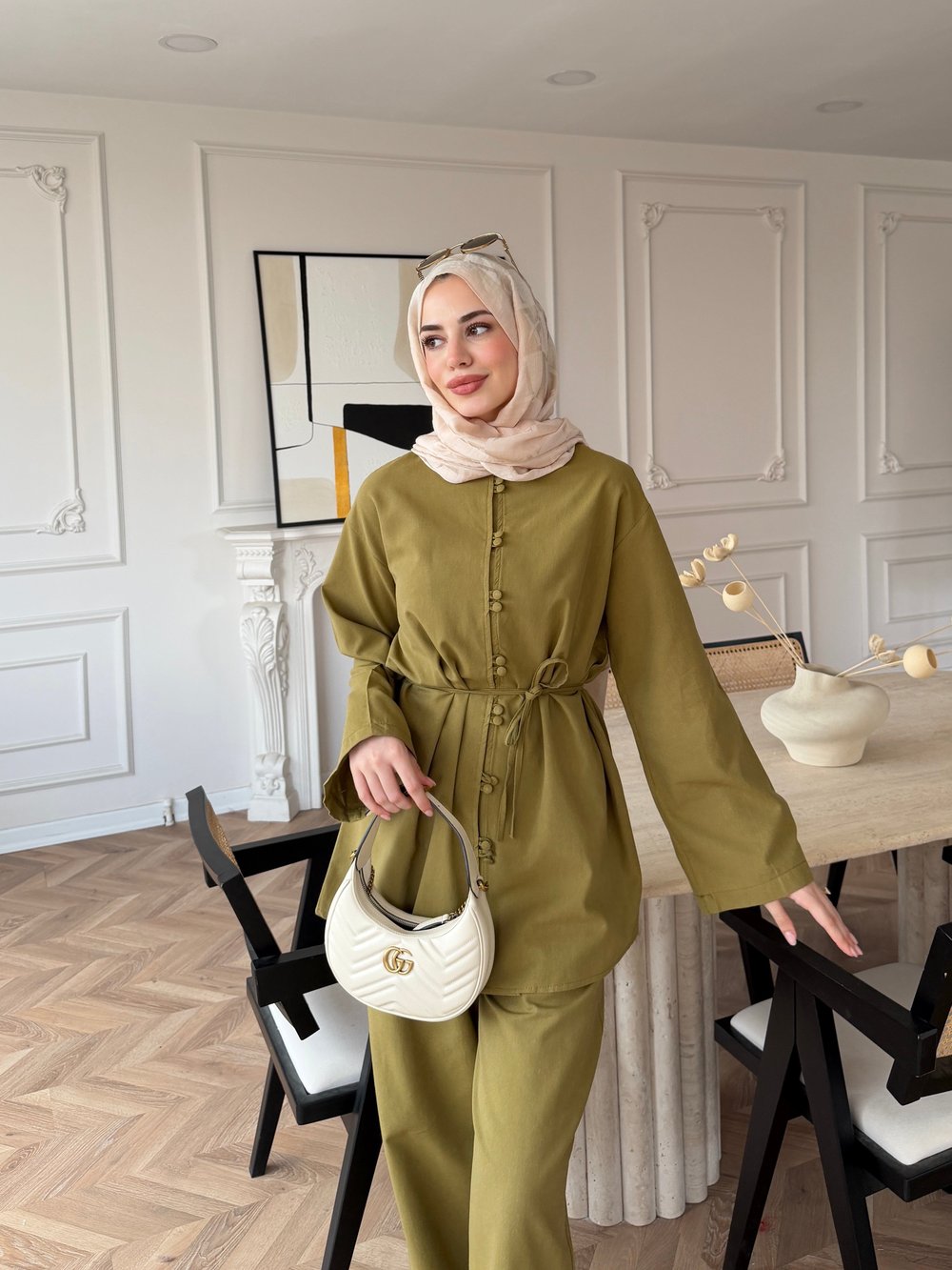 Helin Düğme Detaylı Pantolonlu Takım Yağ Yeşili (4512)