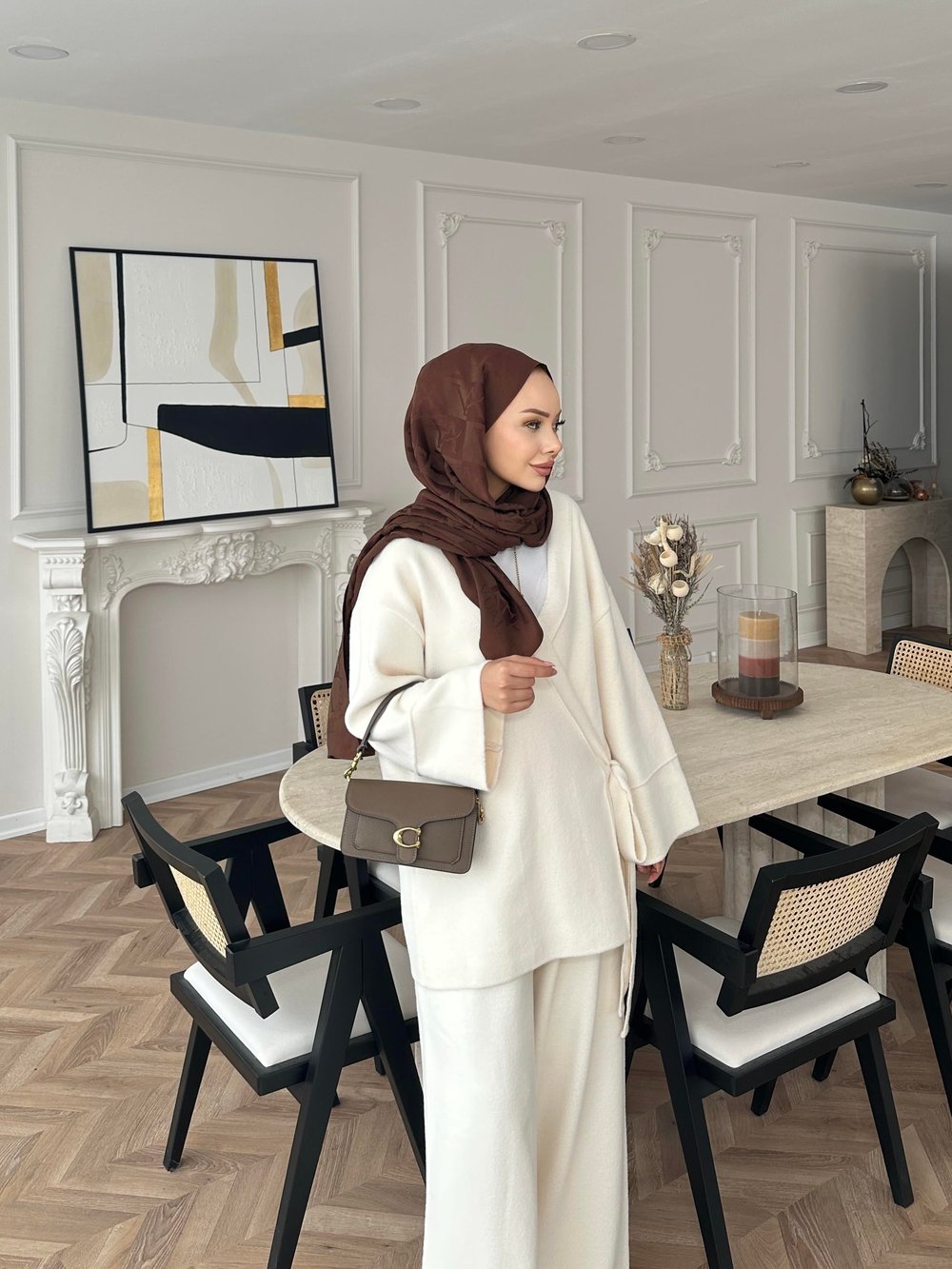 Herme Angora Pantolonlu Takım Ekru