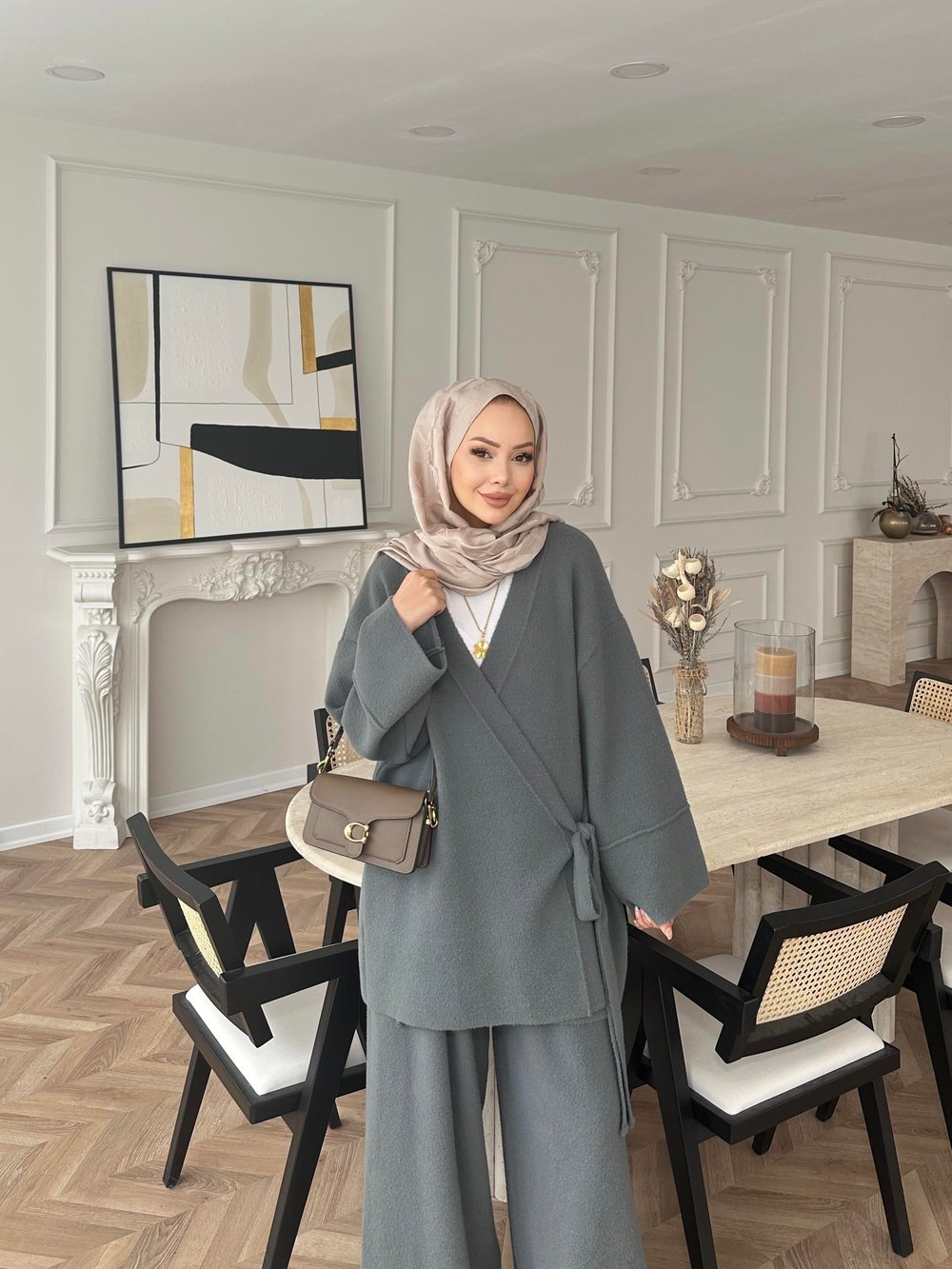 Herme Angora Pantolonlu Takım Gri
