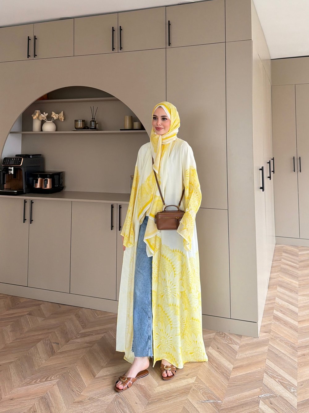 Hint Desen Şallı Kimono/Abaya ButterYellow (1082)