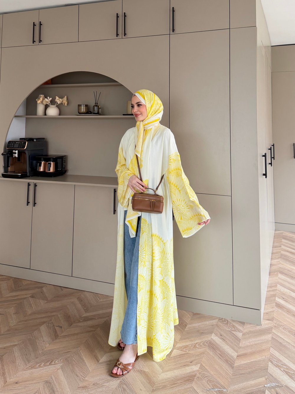 Hint Desen Şallı Kimono/Abaya ButterYellow (1082)
