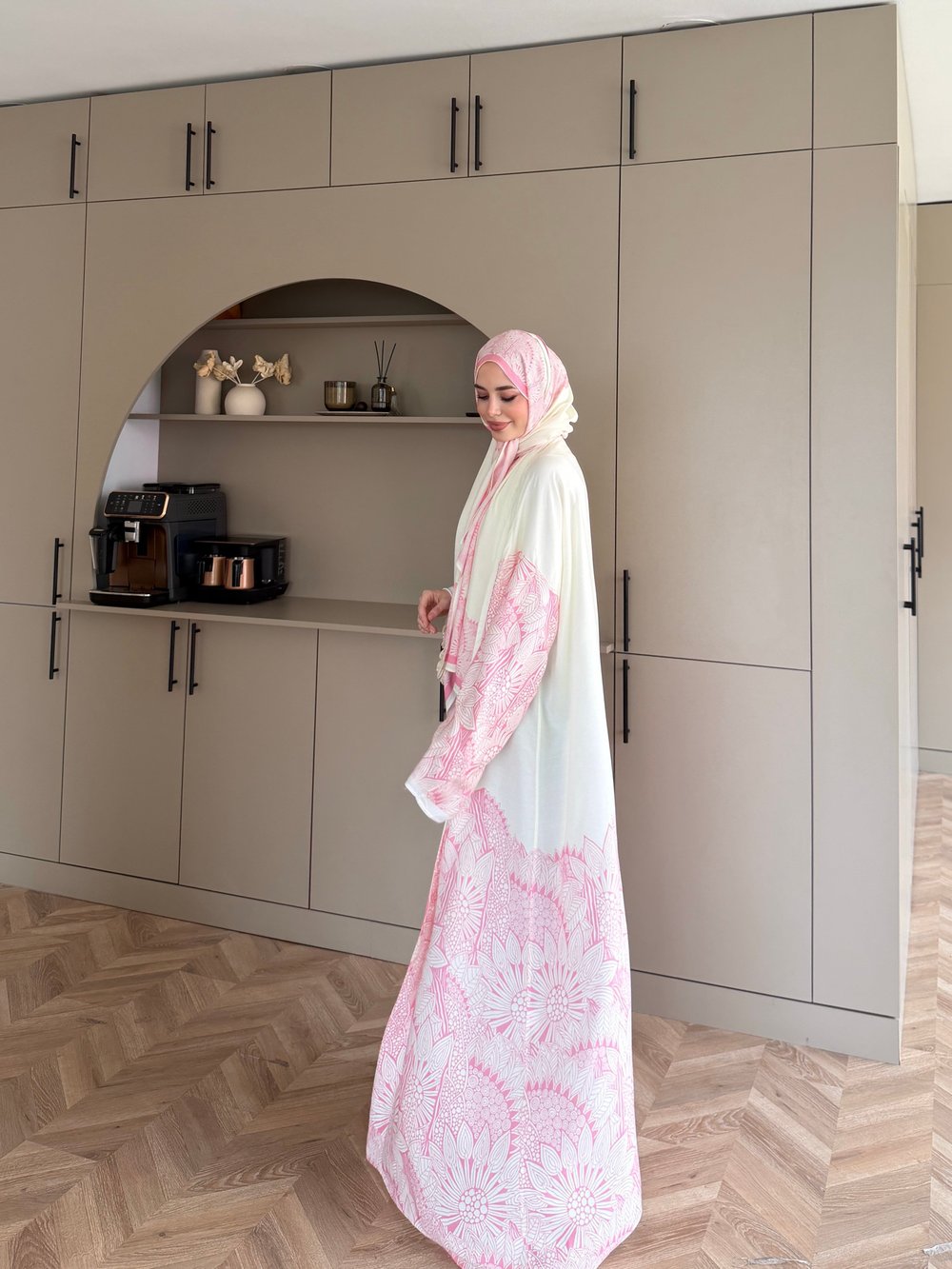 Hint Desen Şallı Kimono/Abaya Pembe (1082)