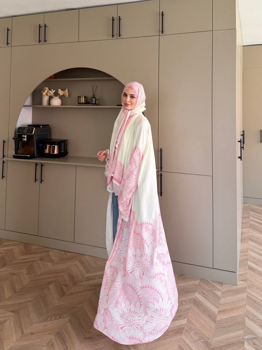 Hint Desen Şallı Kimono/Abaya Pembe (1082)