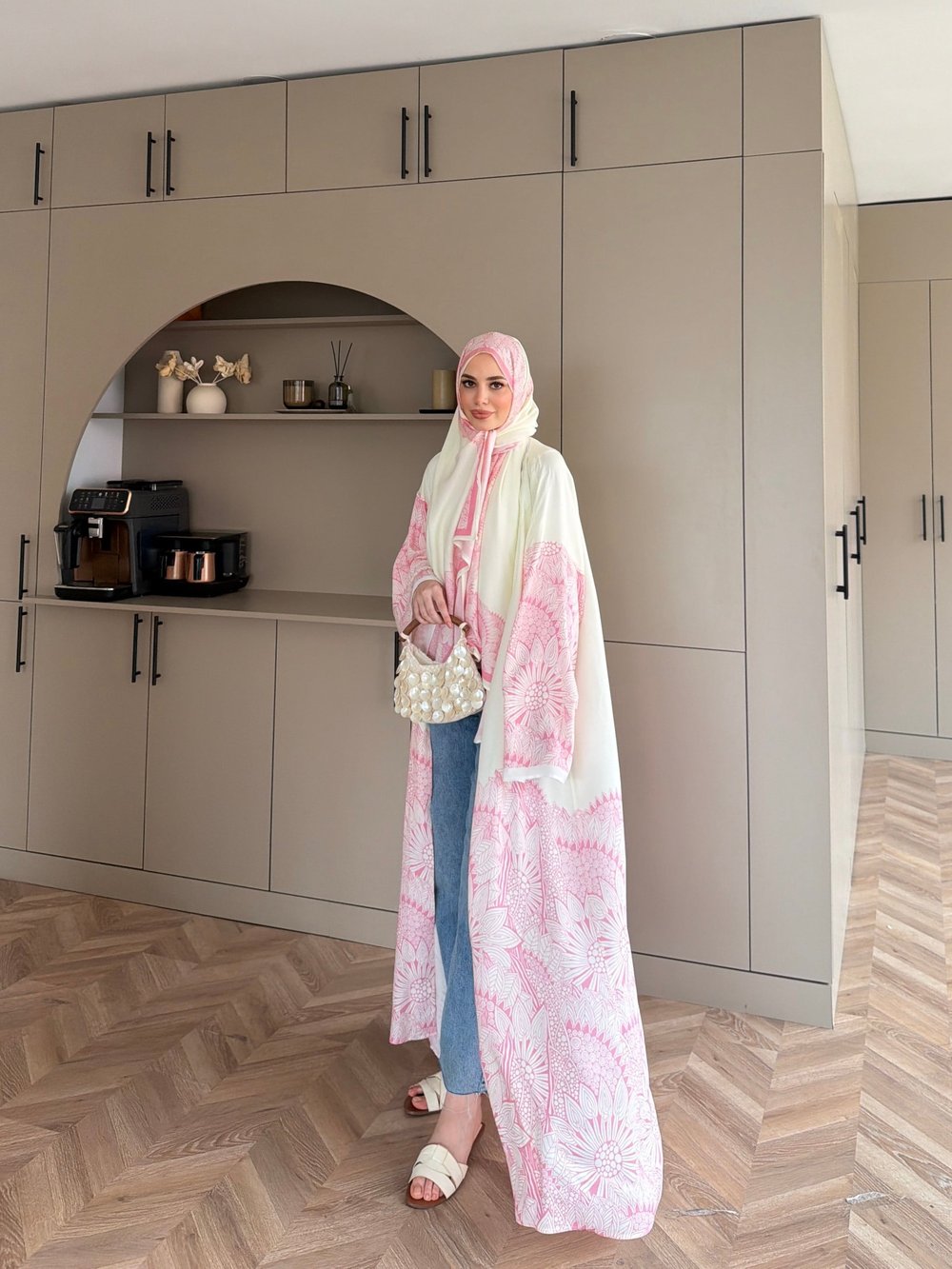 Hint Desen Şallı Kimono/Abaya Pembe (1082)