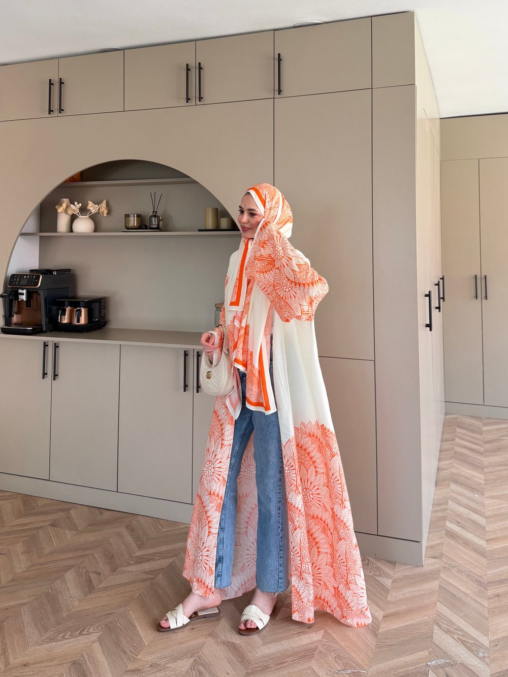 Hint Desen Şallı Kimono/Abaya Turuncu (1082)