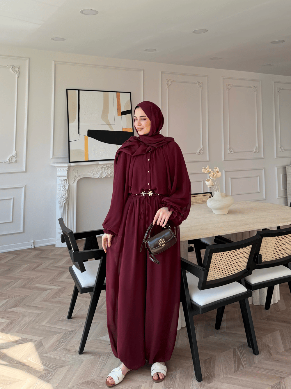 Honey Büzgülü Şifon Takım Bordo (8412)