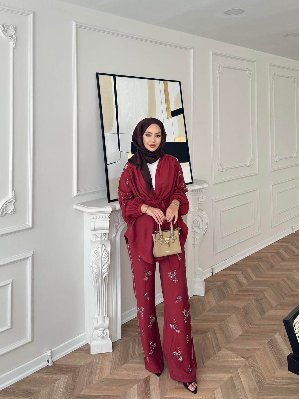 İşlemeli Kimono Takım Bordo 