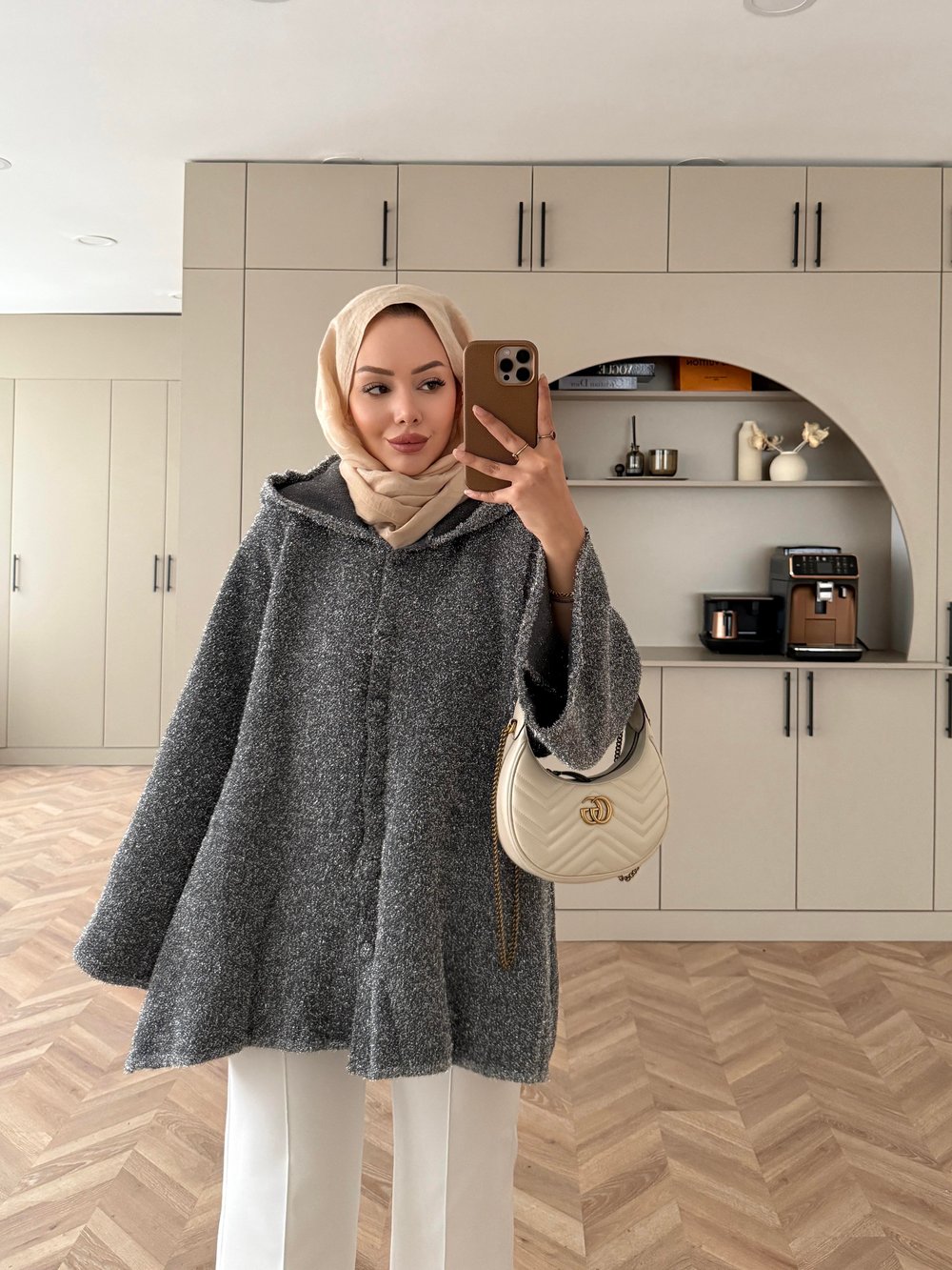 Kapüşonlu Simli Hırka Gri