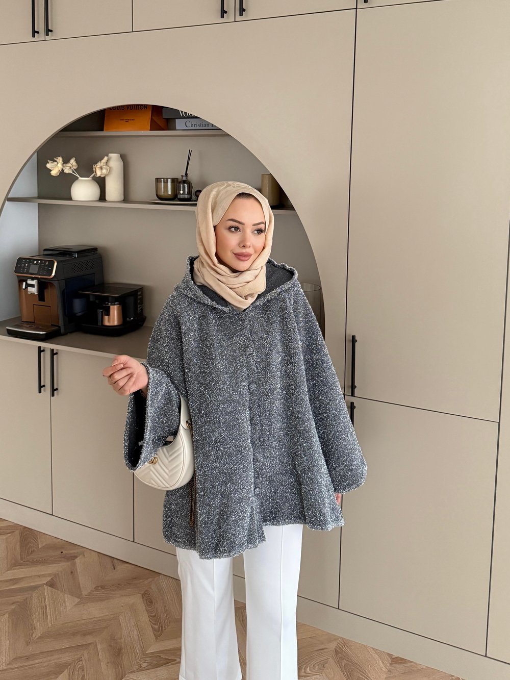 Kapüşonlu Simli Hırka Gri